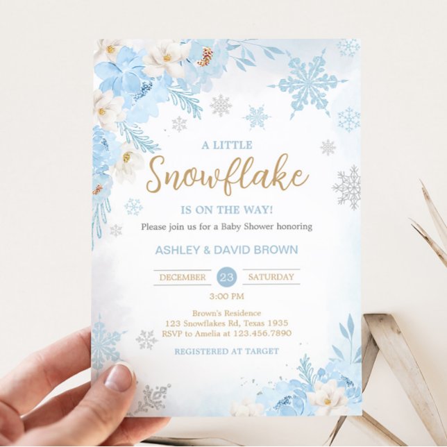 Invitation Blue A Little Snowflake Baby shower (Blue Winter Snowflake Baby Shower Invitation)