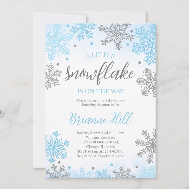 Invitation Blue A Little Snowflake Baby shower (Devant)
