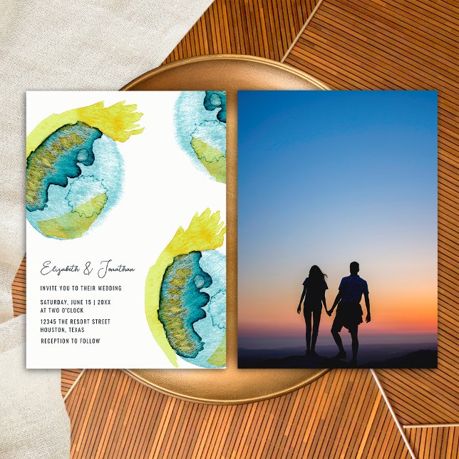 Invitation Blue Abstrait Aquarelle Art Mariage photo unique (Front/Back)