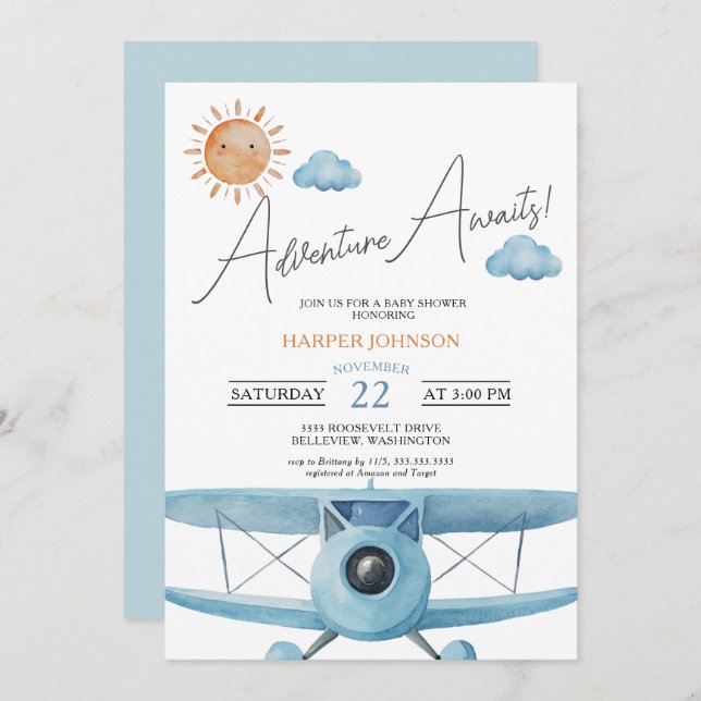 Invitation Blue Adventure Attend le Baby shower d'avion (Devant / Derrière)