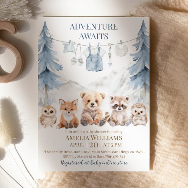 Invitation Blue Adventure Awaits Woodland Baby Shower (Créateur téléchargé)