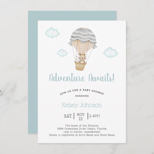 Invitation Blue Adventure Woodland Teddy Bear Baby shower (Devant / Derrière)