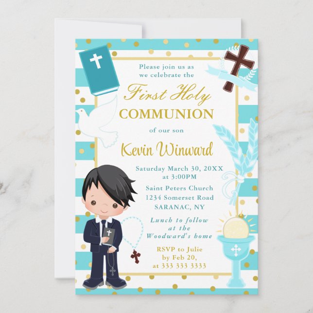Invitation Blue African American Boy First Holy Communion (Devant)