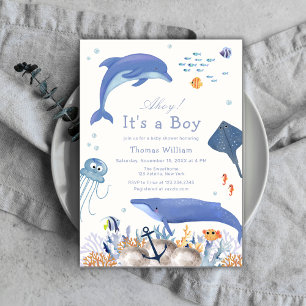 Invitation Blue Ahoy Ocean Dolphin Whale Boy Baby shower