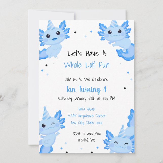 Invitation Blue Alotl Fun Party Axolotl Anniversaire (Devant)