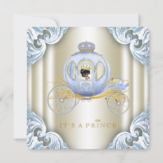 Invitation Blue and Gold Carriage Prince Baby shower ethnique (Devant)