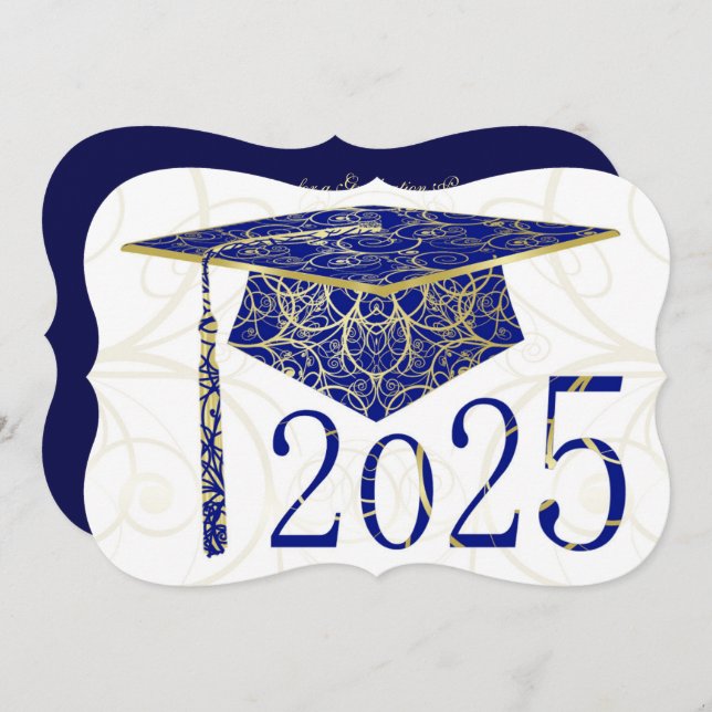 Invitation Blue and Gold Floral Casquette 2025 Graduation Par (Devant / Derrière)