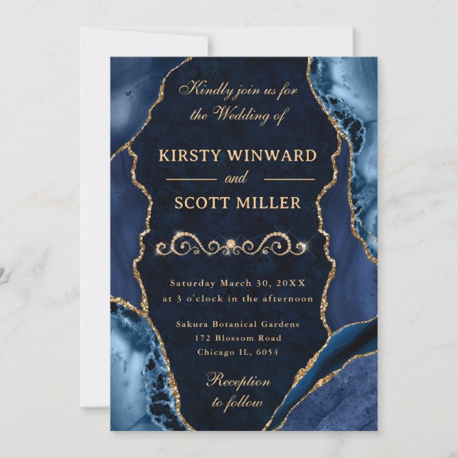 Invitation Blue and Gold Glitter Agate & Marble Wedding (Devant)