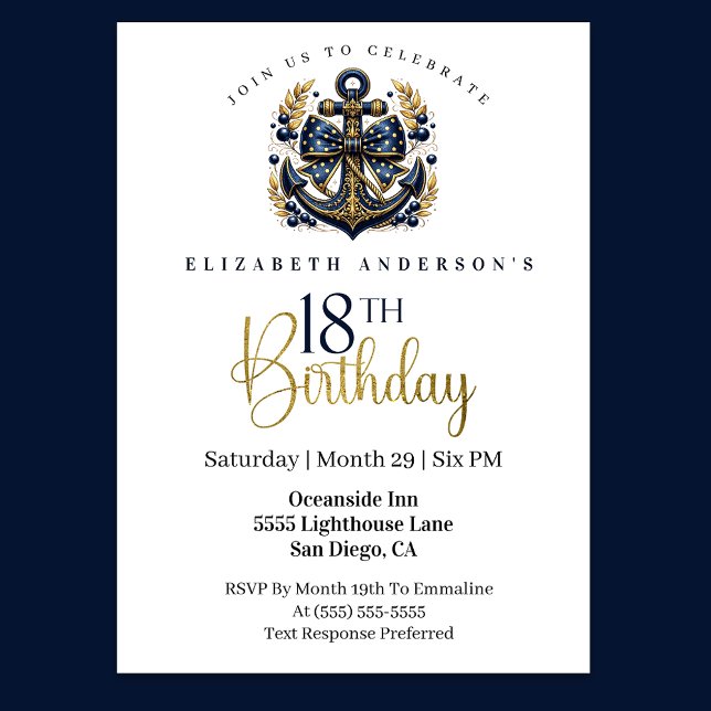 Invitation Blue and Gold Nautical Bow Anchor 18th Birthday (Navy blue and gold nautical anchor 18th birthday invitation)