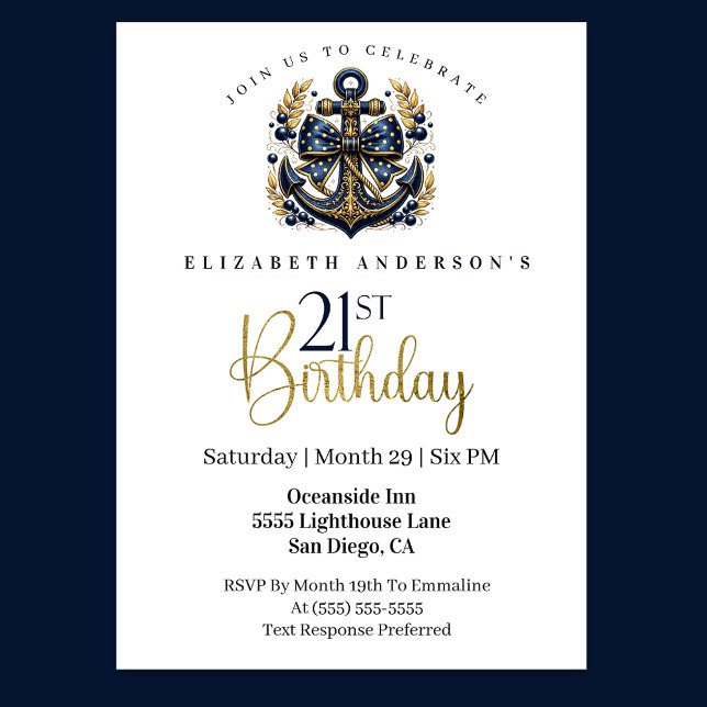 Invitation Blue and Gold Nautical Bow Anchor 21st Birthday (Navy blue and gold nautical 21st birthday invitation)