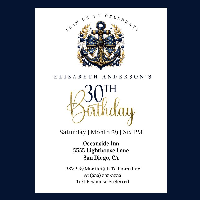 Invitation Blue and Gold Nautical Bow Anchor 30th Birthday (Blue and gold nautical anchor 30th birthday invitation)