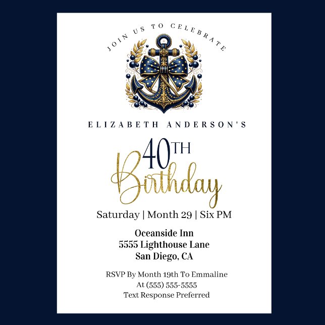 Invitation Blue and Gold Nautical Bow Anchor 40th Birthday (Blue and gold nautical anchor 40th birthday invitation)