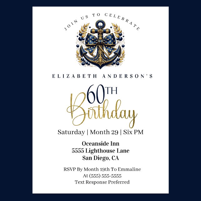 Invitation Blue and Gold Nautical Bow Anchor 60th Birthday (Blue and gold nautical 60th birthday invitation)