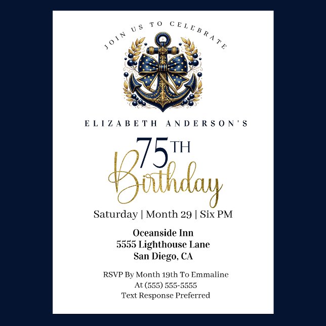 Invitation Blue and Gold Nautical Bow Anchor 75th Birthday (Blue and gold nautical 75th birthday invitation)