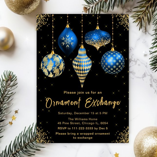 Invitation Blue and Gold Ornament Exchange Party (Créateur téléchargé)