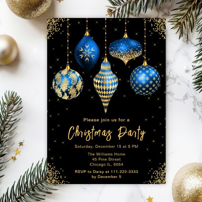 Invitation Blue and Gold Ornaments Christmas Party (Créateur téléchargé)