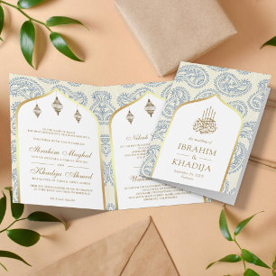 Invitation Blue and Gold Paisley QR Code Mariage musulman