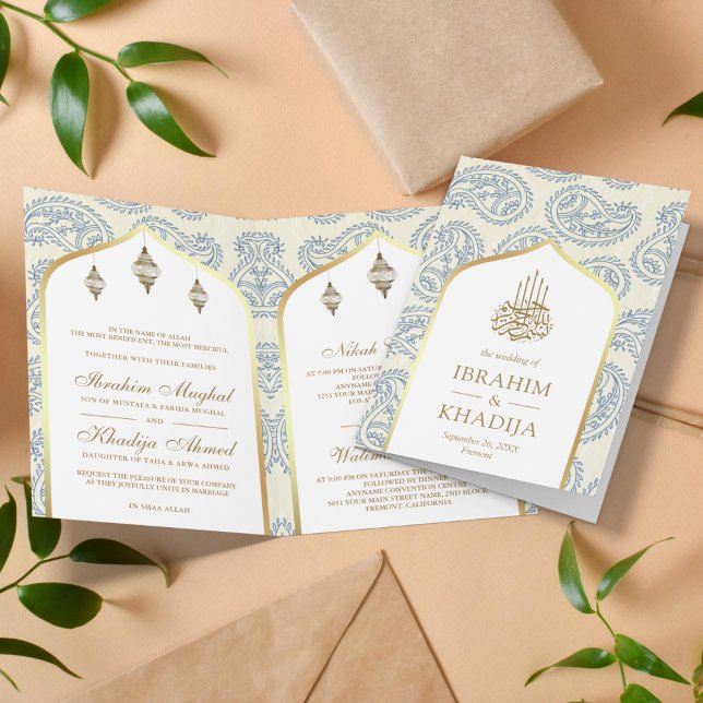 Invitation Blue and Gold Paisley QR Code Mariage musulman (Créateur téléchargé)