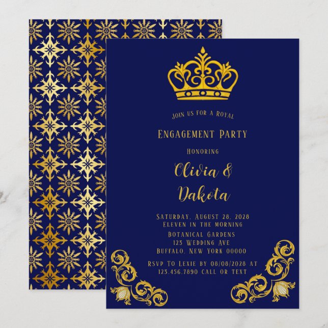 Invitation Blue and Gold Royal Mariage Engagement Party Invit (Devant / Derrière)