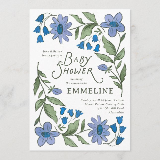 Invitation Blue and Green Sweet Country Floral Baby Shower (Devant)