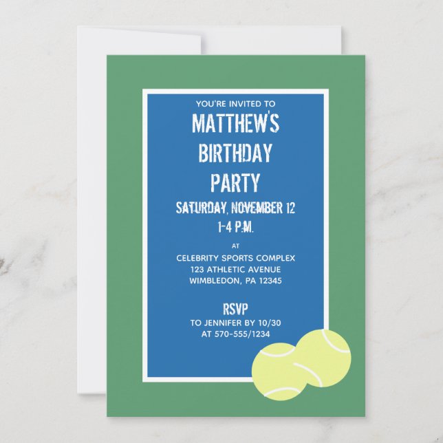 Invitation Blue and Green Tennis Court et Balls Party (Devant)