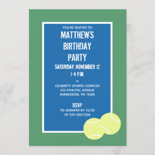 Invitation Blue and Green Tennis Court et Balls Party