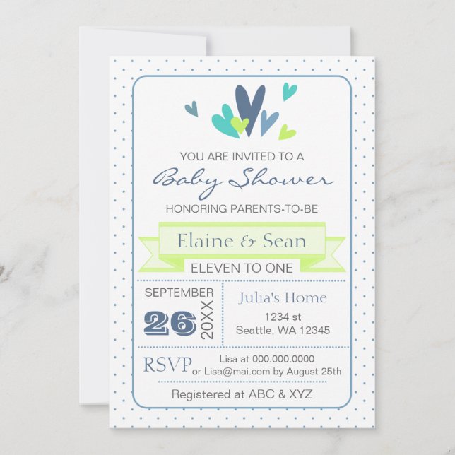 Invitation Blue and Lime Hearts Blue Boys baby shower invitat (Devant)
