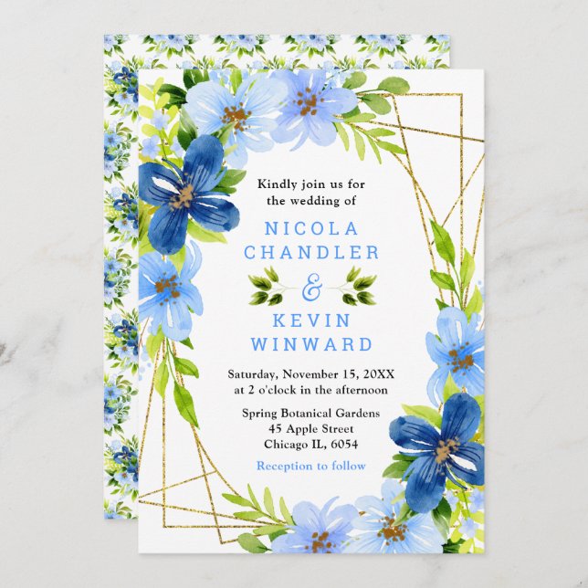 Invitation Blue and Navy Flowers with Foliage Wedding (Devant / Derrière)