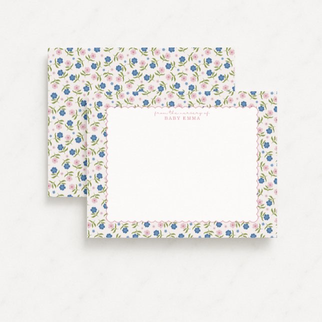 Invitation Blue and Pink Floral Hand Drawn Scallop note card (Créateur téléchargé)