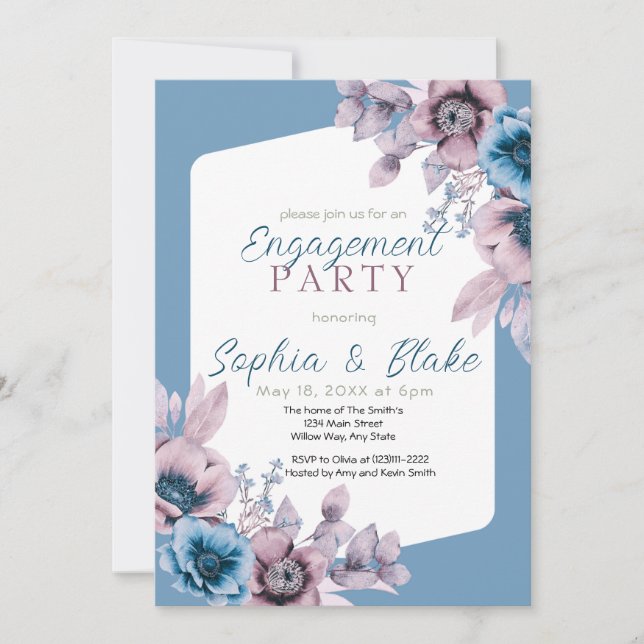 Invitation Blue and Purple Floral Blue Engagement Party (Devant)