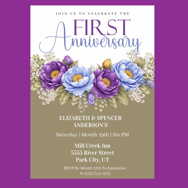 Invitation Blue and Purple Peony 1st Wedding Anniversary (Elegant blue and purple peony floral 1st wedding anniversary invitation)