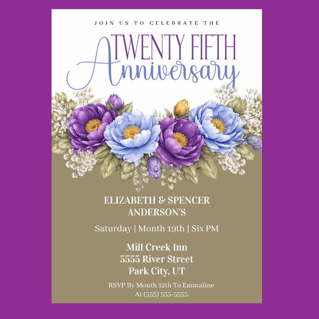 Invitation Blue and Purple Peony 25th Wedding Anniversary (Elegant blue and purple peony floral 25th wedding anniversary invitation)