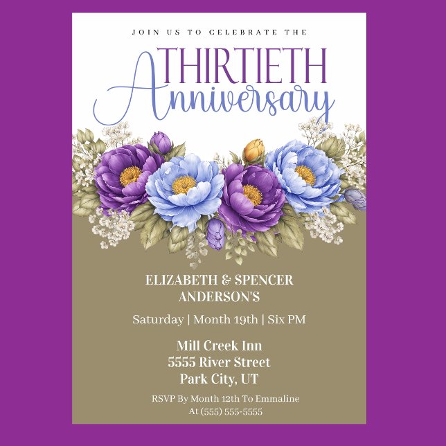 Invitation Blue and Purple Peony 30th Wedding Anniversary (Elegant blue and purple peony floral 30th wedding anniversary invitation)