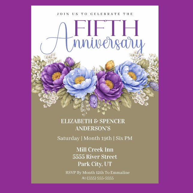 Invitation Blue and Purple Peony 5th Wedding Anniversary (Elegant blue and purple peony floral 5th wedding anniversary invitation)