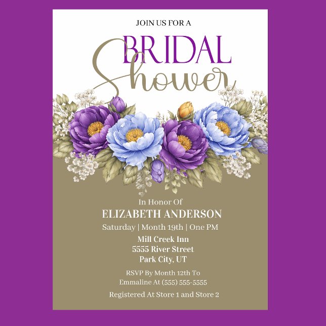 Invitation Blue and Purple Peony Bridal Shower (Elegant blue and purple peony floral bridal shower invitation)