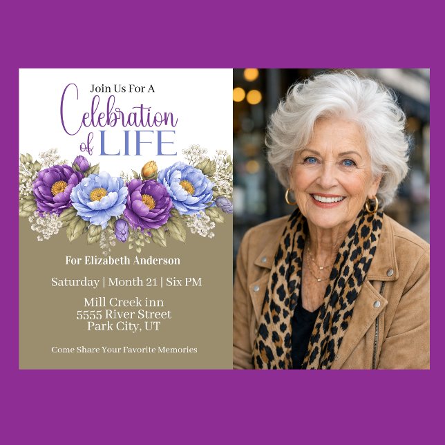 Invitation Blue and Purple Peony Celebration Of Life (Elegant blue and purple peony floral celebration of life invitation)