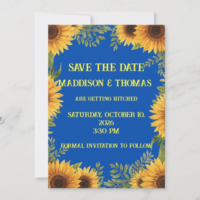 Invitation  Blue and Sunflower Personalised Save The Date (Devant)