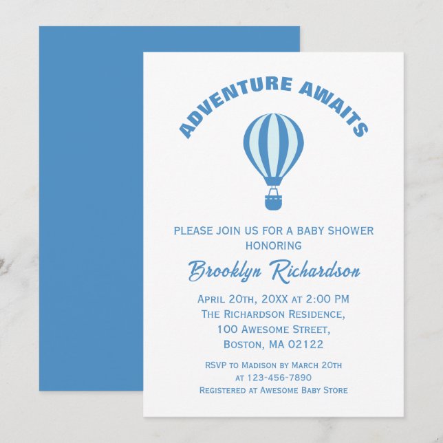Invitation Blue And White Adventure Attend Le Baby shower Gar (Devant / Derrière)