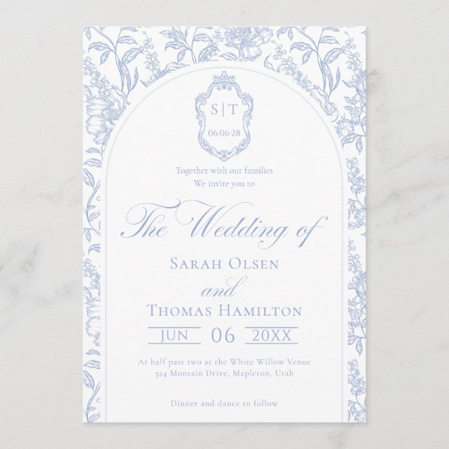 Invitation Blue and White Floral Chinoiserie Monogram Wedding (Devant)
