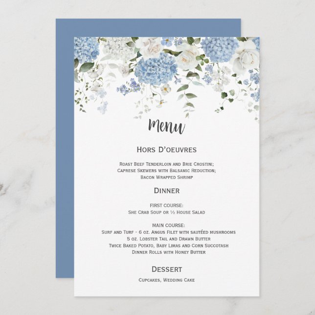 Invitation Blue and White Hydrangeas White Roses Wedding Menu (Devant / Derrière)