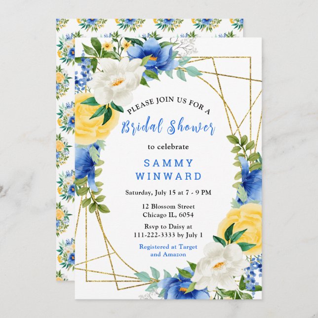 Invitation Blue and Yellow Flowers with Foliage Bridal Shower (Devant / Derrière)