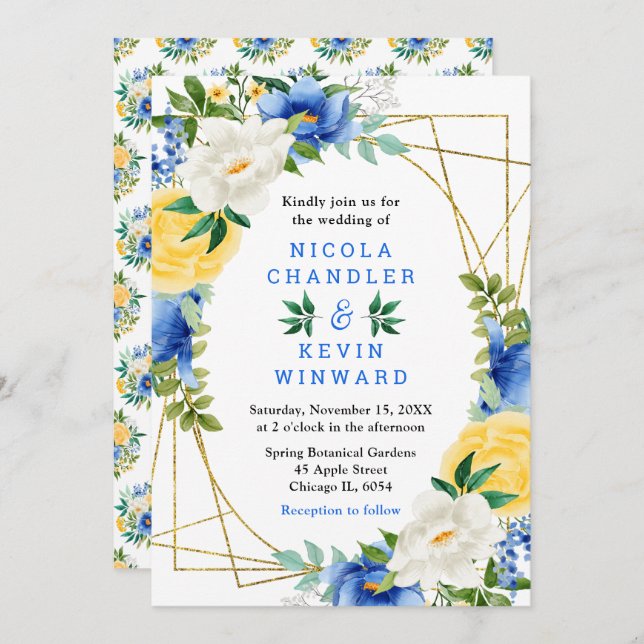 Invitation Blue and Yellow Flowers with Foliage Wedding (Devant / Derrière)