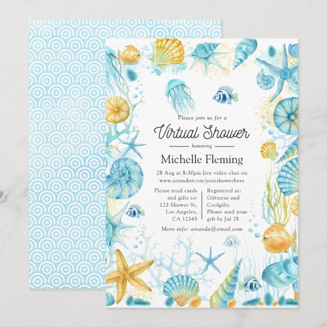 Invitation Blue and Yellow Sea Life Douche virtuelle (Devant / Derrière)