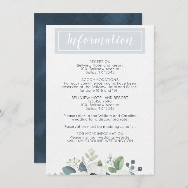 Invitation Blue Anemone Floral Mariage Détails (Devant / Derrière)