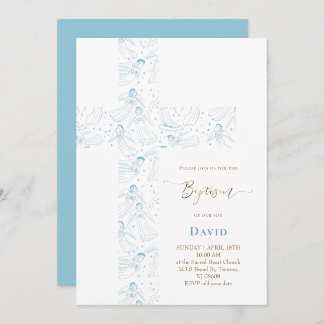 Invitation blue angels pattern Holy Cross Baptism (Devant / Derrière)