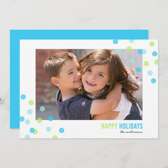 Invitation Blue Aqua Green Confetti Photo Happy Holidays Card (Devant / Derrière)