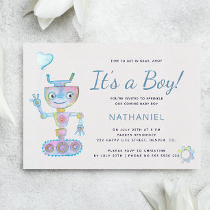 Invitation Blue aquarelle mignon robot c'est un garçon baby s