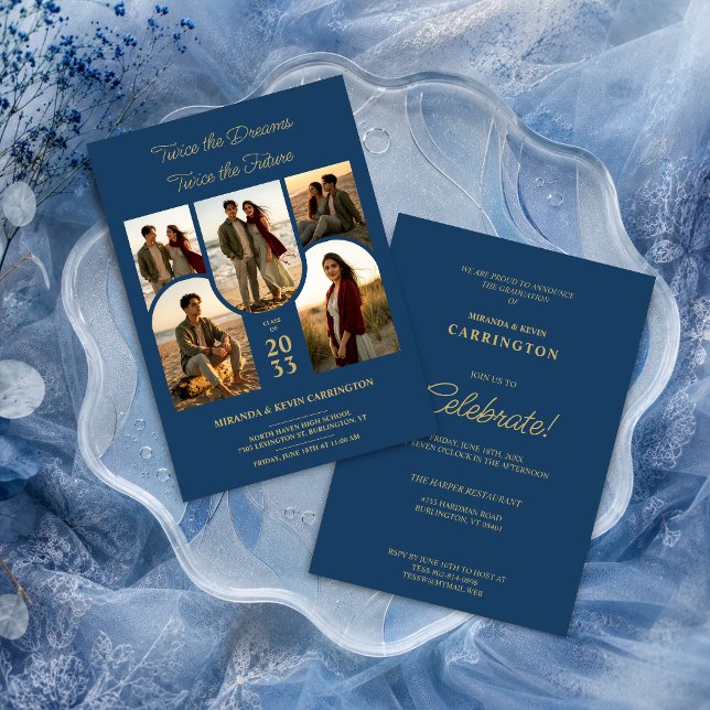 Invitation Blue Arched Collage Double Grads Twins TMF26 (Stylish double graduation invitation with five arched photo placeholders and gold faux effect.)