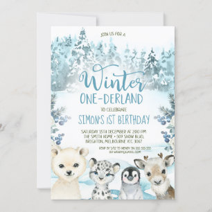 Invitation Blue Arctic Animal Hiver Onederland Anniversaire