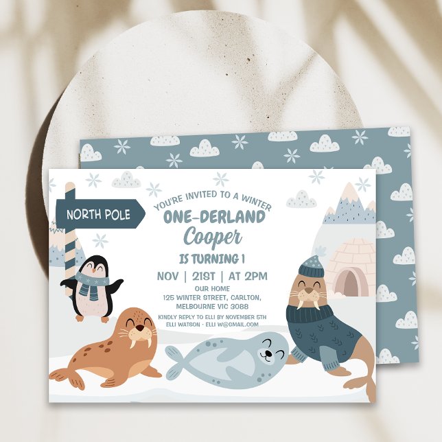 Invitation Blue Arctic Animaux Hiver Onederland 1er anniversa (Modern Arctic Animals Winter Onederland Birthday Invitation, Winter 1st Birthday Invitation Boy)